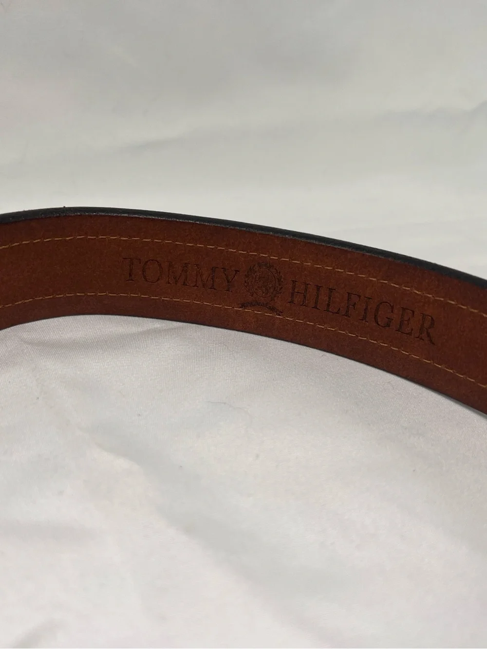 Tommy Hilfiger Brown Leather Belt with Green Embroidered Accent